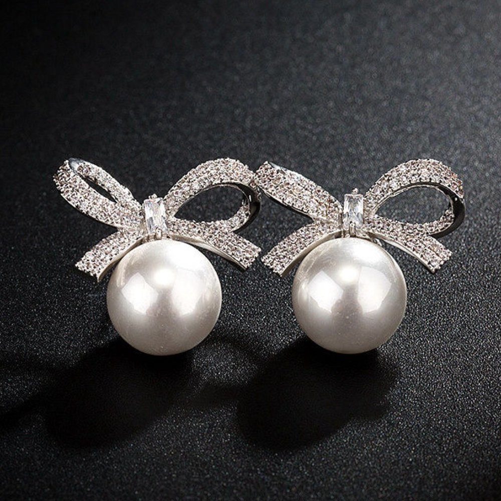 *925 Sterling Silver Pearl Diamond Bow Earrings